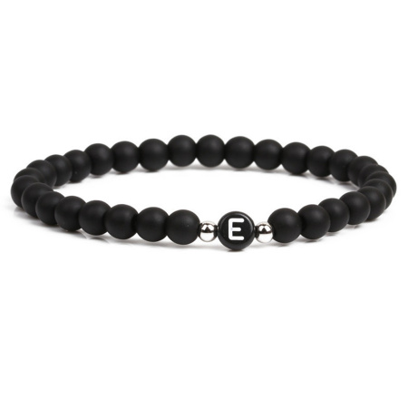 Natural Stainless Steel & Gemstone Elastic Dainty Bracelets Delicate Bracelets Beaded Bracelet Black Silver Tone Round Initial Alphabet/ Capital Letter Message " E " 19cm(7 4/8") long, 1 Piece