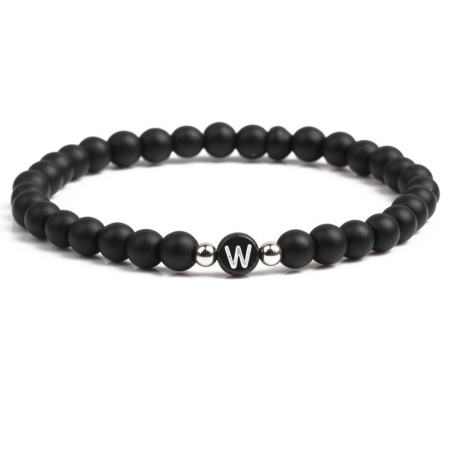 Natural Stainless Steel & Gemstone Elastic Dainty Bracelets Delicate Bracelets Beaded Bracelet Black Silver Tone Round Initial Alphabet/ Capital Letter Message " W " 19cm(7 4/8") long, 1 Piece
