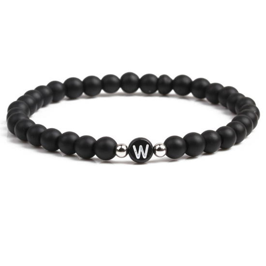 Immagine di Naturale Acciaio Inossidabile & Gemma Bracciali Delicato bracciali delicate braccialetto in rilievo Tono Argento Nero Tondo Lettera Maiuscola Lettere " W " Elastico 19cm Lunghezza, 1 Pz
