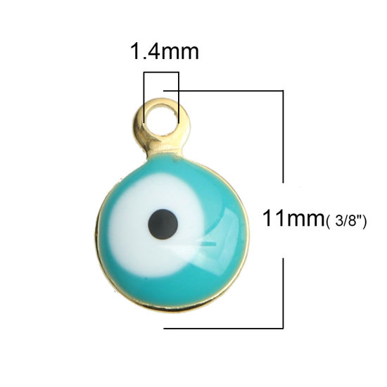 304ステンレス鋼 宗教 チャーム 円形 金メッキ 緑青 邪眼 エナメル 11mm x 8mm、 10 個 の画像