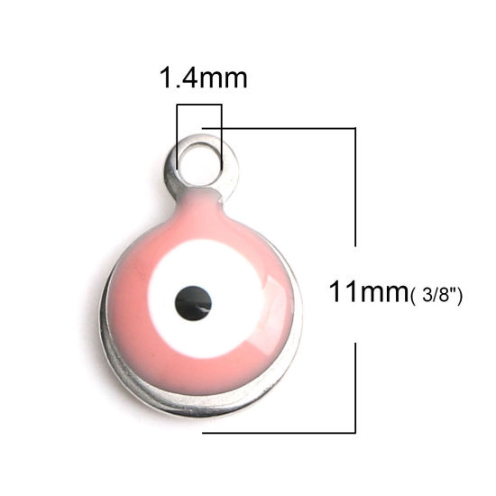 Bild von 304 Edelstahl Religiös Charms Rund Silberfarbe Weiß & Rosa Böser Blick Evil Eye Emaille 11mm x 8mm, 10 Stück