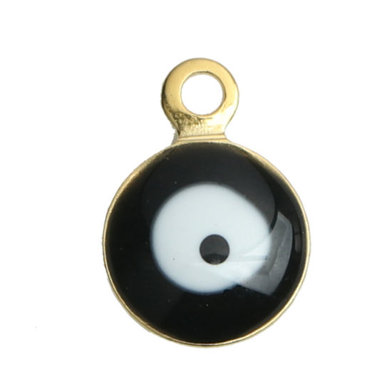 Bild von 304 Edelstahl Religiös Charms Rund Vergoldet Schwarz & Weiß Böser Blick Evil Eye Emaille 11mm x 8mm, 10 Stück