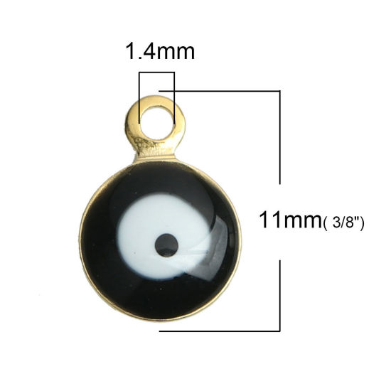 Bild von 304 Edelstahl Religiös Charms Rund Vergoldet Schwarz & Weiß Böser Blick Evil Eye Emaille 11mm x 8mm, 10 Stück