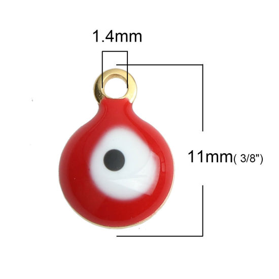 Bild von 304 Edelstahl Religiös Charms Rund Vergoldet Weiß & Rot Böser Blick Evil Eye Emaille 11mm x 8mm, 10 Stück