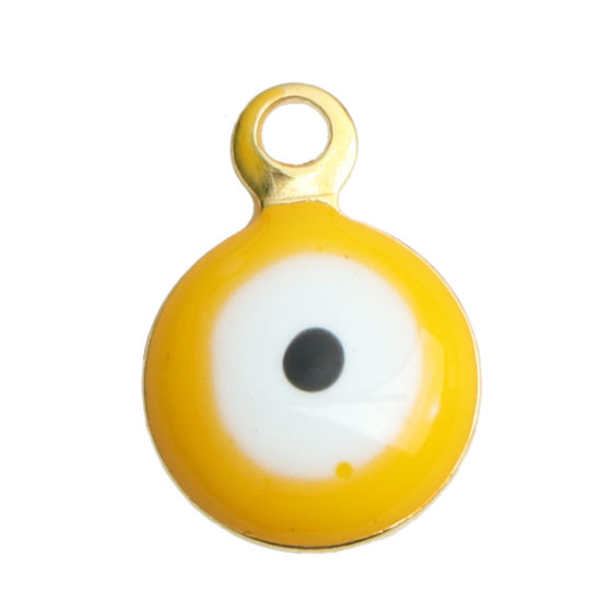 Bild von 304 Edelstahl Religiös Charms Rund Vergoldet Weiß & Gelb Böser Blick Evil Eye Emaille 11mm x 8mm, 10 Stück