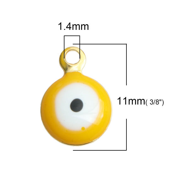 304ステンレス鋼 宗教 チャーム 円形 金メッキ 白+黄色 邪眼 エナメル 11mm x 8mm、 10 個 の画像