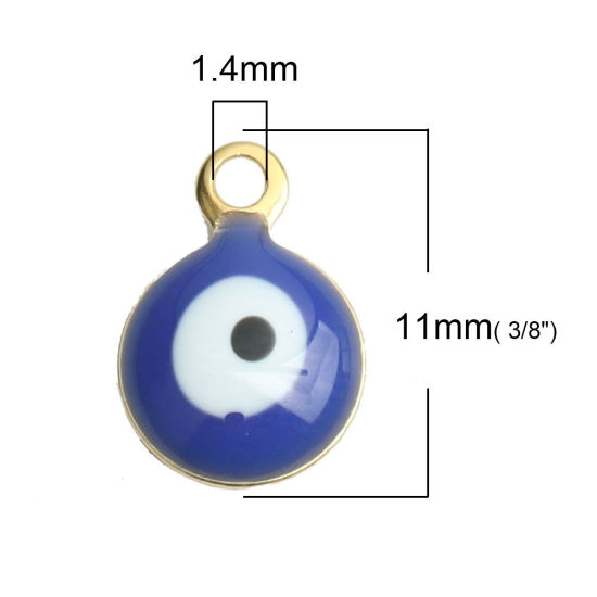 Bild von 304 Edelstahl Religiös Charms Rund Vergoldet Weiß & Blau Böser Blick Evil Eye Emaille 11mm x 8mm, 10 Stück