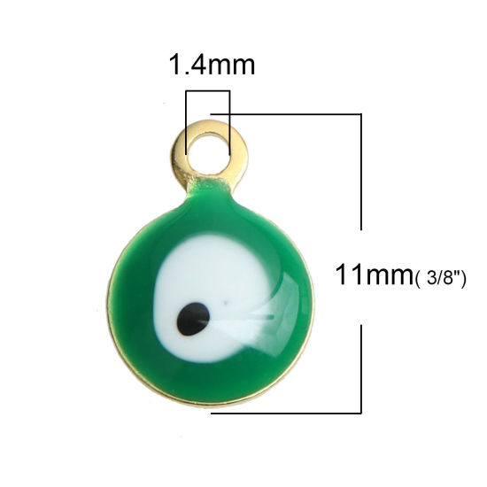 Bild von 304 Edelstahl Religiös Charms Rund Vergoldet Weiß & Grün Böser Blick Evil Eye Emaille 11mm x 8mm, 10 Stück