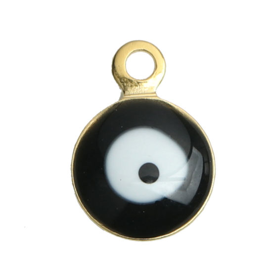 Bild von 304 Edelstahl Religiös Charms Rund Vergoldet Schwarz & Weiß Böser Blick Evil Eye Emaille 9mm x 6mm, 10 Stück