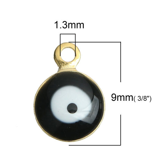 Bild von 304 Edelstahl Religiös Charms Rund Vergoldet Schwarz & Weiß Böser Blick Evil Eye Emaille 9mm x 6mm, 10 Stück
