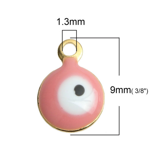 304ステンレス鋼 宗教 チャーム 円形 金メッキ ホワイト+ピンク 邪眼 エナメル 9mm x 6mm、 10 個 の画像