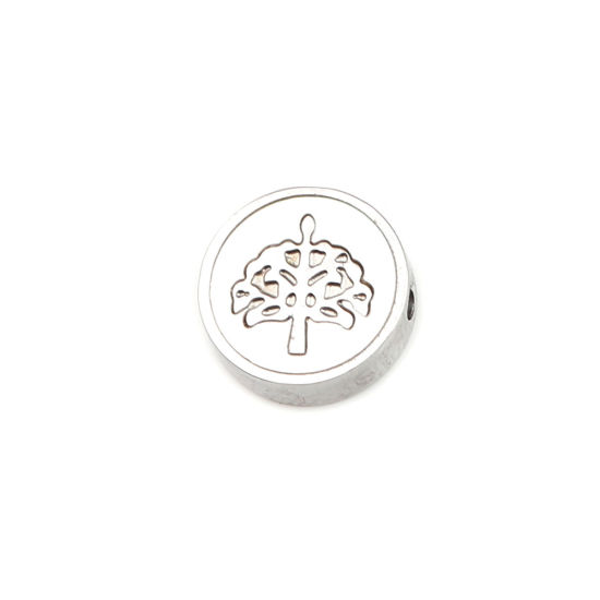 Picture of 304 Stainless Steel & Shell Beads Flat Round Silver Tone Creamy-White Tree About 10mm Dia., Hole: Approx 1.4mm, 1 Piece