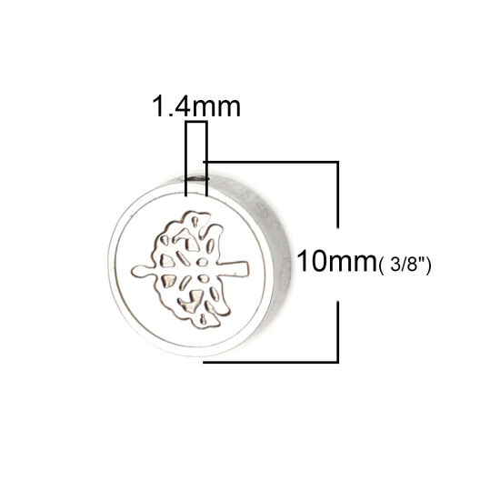 Bild von 1 Stück 304 Edelstahl & Natürliche Muschel Perlen zur DIY-Schmuckherstellung Silberfarbe Grauweiß Flachrund Bäume ca. 10mm D., Loch: ca. 1.4mm