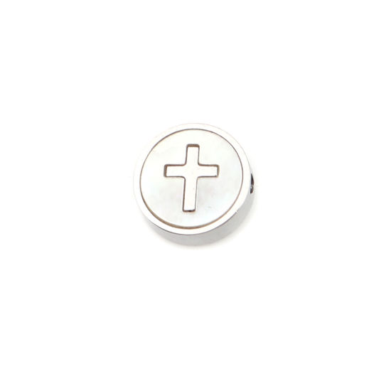 Picture of 304 Stainless Steel & Shell Religious Beads Flat Round Silver Tone Creamy-White Cross About 10mm Dia., Hole: Approx 1.4mm, 1 Piece