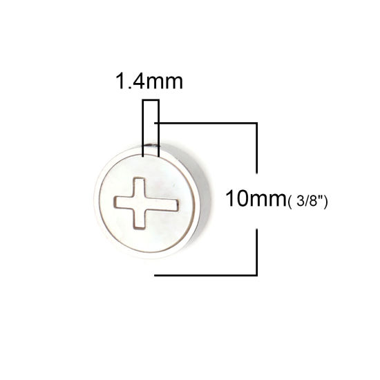 Bild von 1 Stück 304 Edelstahl & Natürliche Muschel Religiös Perlen zur DIY-Schmuckherstellung Silberfarbe Grauweiß Flachrund Kreuz ca. 10mm D., Loch: ca. 1.4mm