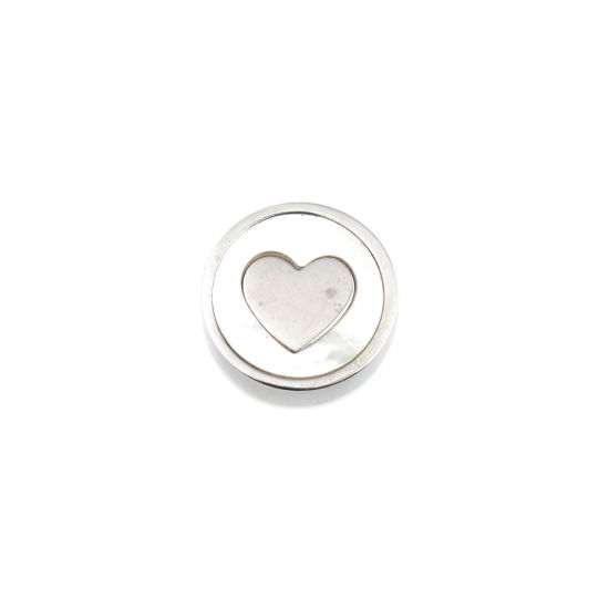 Bild von 304 Edelstahl & Muschel Perlen Flachrund Silberfarbe Grauweiß Herz ca. 10mm D., Loch: ca. 1.4mm, 1 Stück