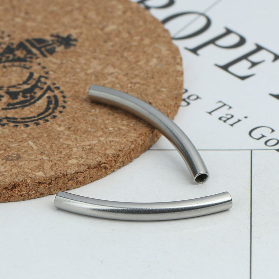 Imagen de 304 Acero Inoxidable Cuentas Cilíndrico Tono de Plata Curva 40mm x 7mm, Agujero: Aprox 1.9mm, 10 Unidades