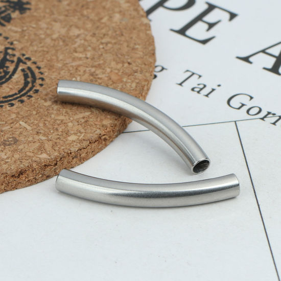 Imagen de 304 Acero Inoxidable Cuentas Cilíndrico Tono de Plata Curva 40mm x 9mm, Agujero: Aprox 4.1mm, 10 Unidades