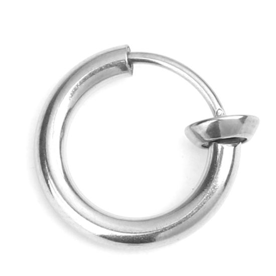 Picture of 304 Stainless Steel Non Piercing Fake Clip On Hoop Earrings Circle Ring Silver Tone 12mm x 11mm, 2 PCs