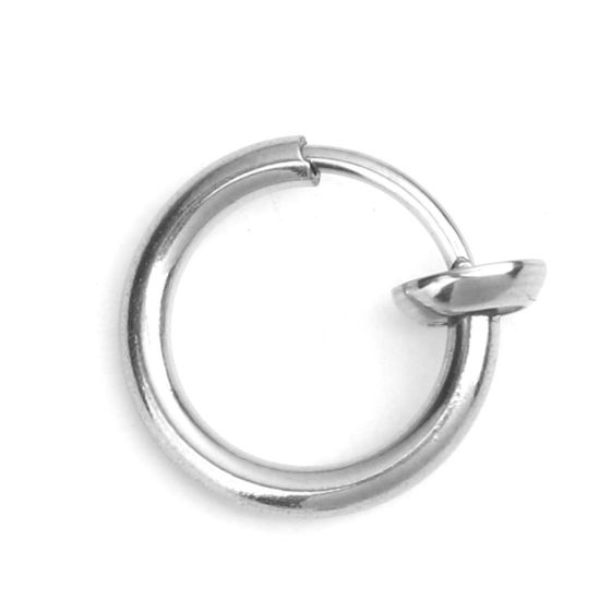 Picture of 304 Stainless Steel Non Piercing Fake Clip On Hoop Earrings Circle Ring Silver Tone 14mm x 13mm, 2 PCs