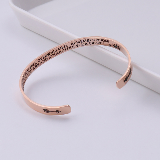 Picture of Stainless Steel Open Cuff Bangles Bracelets Rose Gold Lowercase Letter Arrowhead Corrosion 20cm(7 7/8") long, 1 Piece