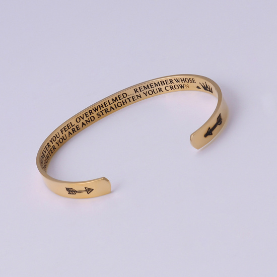 Bild von Edelstahl Offen Manschette Armreife Armband Vergoldet Kleinbuchstabe Richtungspfeil Korrosion 20cm lang, 1 Stück