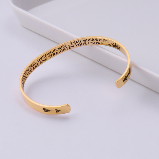 Picture of Stainless Steel Open Cuff Bangles Bracelets Gold Plated Lowercase Letter Arrowhead Corrosion 20cm(7 7/8") long, 1 Piece
