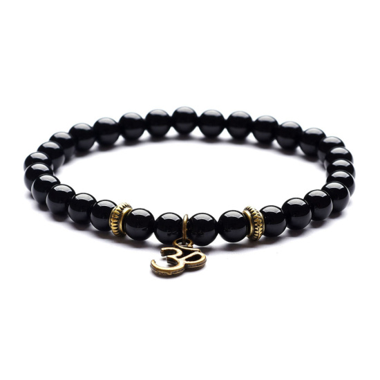 Image de Bracelets Raffinés Bracelets Délicats Bracelet de Perles en Agate Onyx Noire Religieux ( Naturel ) Bronzé Noir Rond Symbole OM/ Aum Elastique 18.5cm Long, 1 Pièce