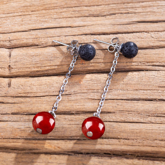 Picture of Stainless Steel & Gemstone ( Natural ) Earrings Silver Tone Black & Red 4.3cm x Post/ Wire Size: (21 gauge), 1 Pair