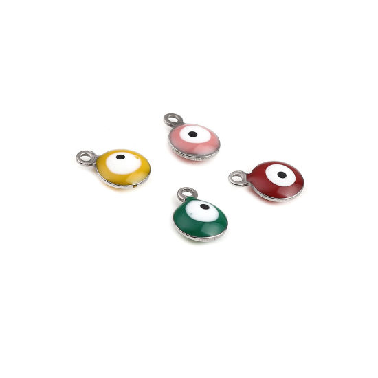 Immagine di 304 Acciaio Inossidabile Religione Charms Tondo Tono Argento A Random Malocchio Smalto 11mm x 8mm, 20 Pz