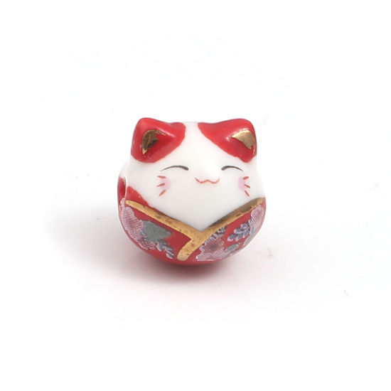 Picture of Ceramic Beads Cat Animal Red About 15mm x 14mm, Hole: Approx 2.7mm, 1 Piece