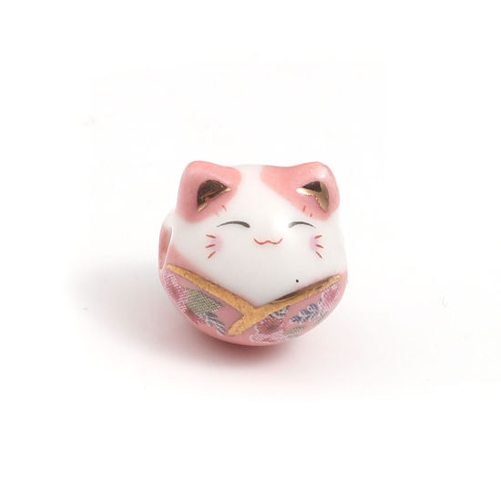 Picture of Ceramic Beads Cat Animal Pink About 15mm x 14mm, Hole: Approx 2.7mm, 1 Piece