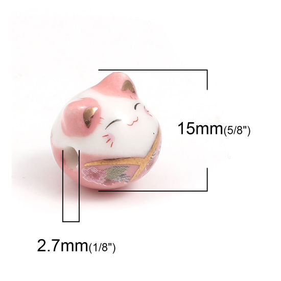 Picture of Ceramic Beads Cat Animal Pink About 15mm x 14mm, Hole: Approx 2.7mm, 1 Piece