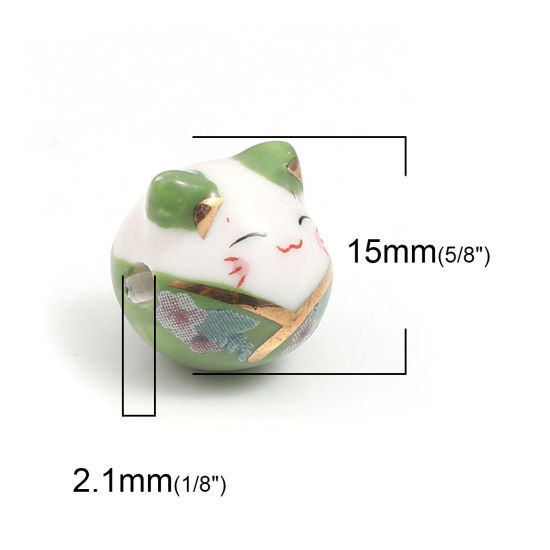 セラミックス ビーズ 猫 緑 約 15mm x 14mm、 穴：約 2.7mm、 1 個 の画像