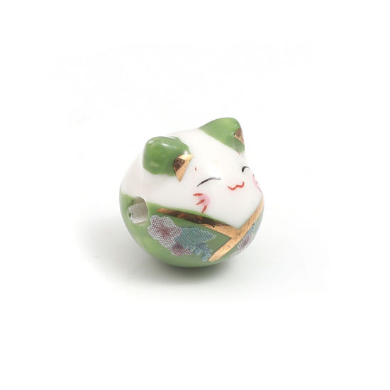 セラミックス ビーズ 猫 緑 約 15mm x 14mm、 穴：約 2.7mm、 1 個 の画像