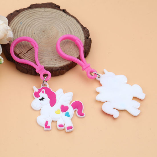 Picture of PVC Keychain & Keyring White & Pink Horse Animal Heart 95mm x 45mm, 10 PCs