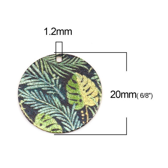 Picture of Copper Enamel Painting Charms Gold Plated Green Round Leaf Sparkledust 20mm Dia., 10 PCs