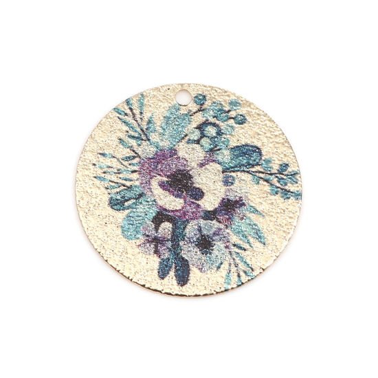 Bild von Kupfer Emailmalerei Charms Rund Vergoldet Bunt Blumen Sternenstaub 20mm D., 10 Stück