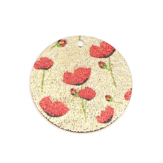 Bild von Kupfer Emailmalerei Charms Rund Vergoldet Rot & Grün Blume Blätter Sternenstaub 20mm D., 10 Stück