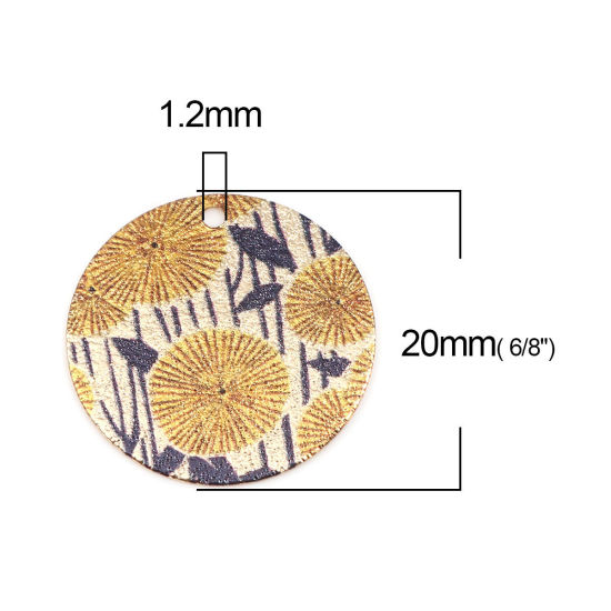 銅 彩色上絵 チャーム 金メッキ 黒 & イエロー 円形 花 スターダスト 20mm 直径、 10 個 の画像