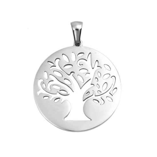 Image de Pendentifs en Acier Inoxydable Rond Argent Mat Arbre de Vie Creux 36mm x 27mm , 1 Pièce