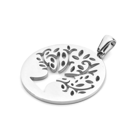 Image de Pendentifs en Acier Inoxydable Rond Argent Mat Arbre de Vie Creux 36mm x 27mm , 1 Pièce