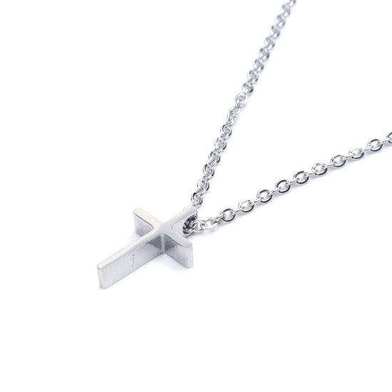 Image de Colliers en Acier Inoxydable Religieux Argent Mat Croix 45cm Long, 1 Pièce