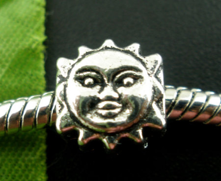 Bild von 20 Stück Zinklegierung Galaxis Charm-Perlen mit großem Loch im europäischen Stil Antiksilber Sonne Lächeln 9mm x 9mm, Loch: Ca. 4.6mm