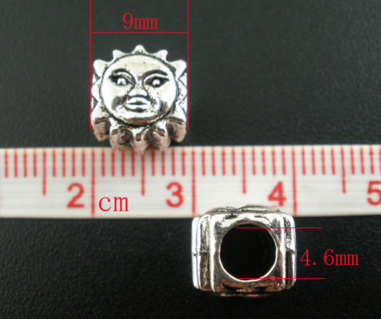Picture of 20 PCs Zinc Based Alloy Galaxy European Style Large Hole Charm Beads Antique Silver Color Sun Smile 9mm x 9mm, Hole: Approx 4.6mm