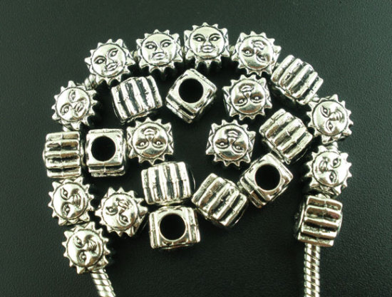 Picture of 20 PCs Zinc Based Alloy Galaxy European Style Large Hole Charm Beads Antique Silver Color Sun Smile 9mm x 9mm, Hole: Approx 4.6mm