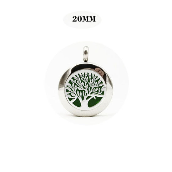 Picture of 316L Stainless Steel Aromatherapy Essential Oil Diffuser Locket Pendants Round Silver Tone Tree of Life Blank Stamping Tags 20mm Dia., 1 Piece