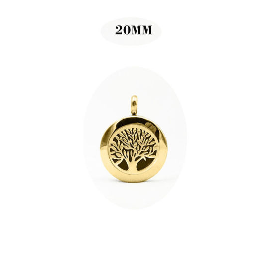 Picture of 316L Stainless Steel Aromatherapy Essential Oil Diffuser Locket Pendants Round Gold Plated Tree of Life Blank Stamping Tags 20mm Dia., 1 Piece
