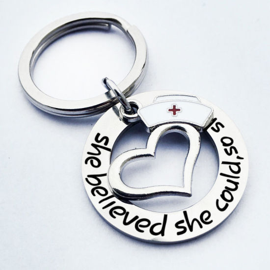 Picture of Stainless Steel Medical Keychain & Keyring Nurse Cap Silver Tone Heart 1 Piece