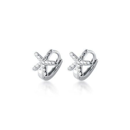 Sterling Silver Hoop Earrings Silver Color Star Fish Clear Rhinestone 8mm, 1 Pair